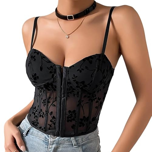 Fiohiros Lace Corset Tops for Women, Bustier Mesh Sexy Spaghetti Strap Boned Corset Going Out Top for Women (UK, Alpha, S, Regular, Regular, Black)