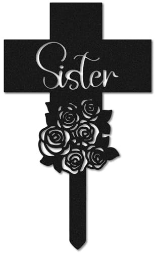 CREATCABIN Croix Funéraire Pieu de Cimetière Fleur Noire Décorations Funéraires Plaque Commémorative en Métal pour Condoléances Cadeaux Commémoratifs Pierres Tombales Pelouse Extérieure 25x15cm