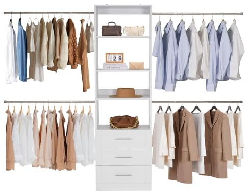 VEVOR Closet System with 3 Drawers, Adjustable Height Wooden Closet Organizers, Modern Walk-in Wardrobe Organization with 4 Retractable Clothes Hanger Rods, Freestanding Garment Rack Storage, White