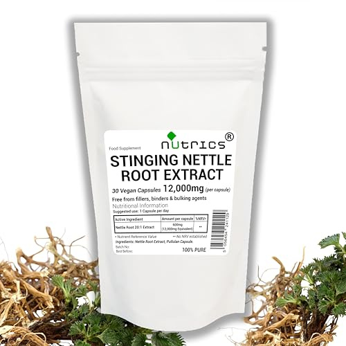 Nutrics® 12,000mg (per Capsule) STINGING Nettle Root Extract 30 V Capsules - 100% Pure Urtica Dioica - No fillers Binders or Bulking Agents (30 V Capsules (1 Month Supply)) (30)