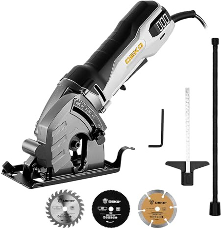 DEKOPRO Mini Sierra Circular 600W, 5500 RPM, Hoja de 85mm, Profundidad Ajustable a 27mm, Puerto para Polvo con Manguera - Para Madera, Metal y Plástico