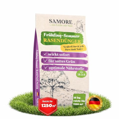 samore Rasendünger Frühjahr/Sommer I NPK Dünger für einen gesunden Rasen I verdrängt Moos geeignet für Streuwagen 25 kg für 1250 m² I staubarmes Granulat Dünger I gegen Trockenstress Frühling Sommer