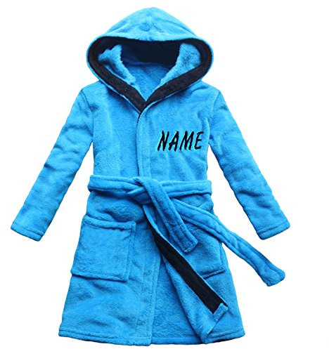 FEETOO [Nom brodé] Robe de bain pour enfants bleu velours de corail Chemise de nuit garçon chaud (14, Bleu)