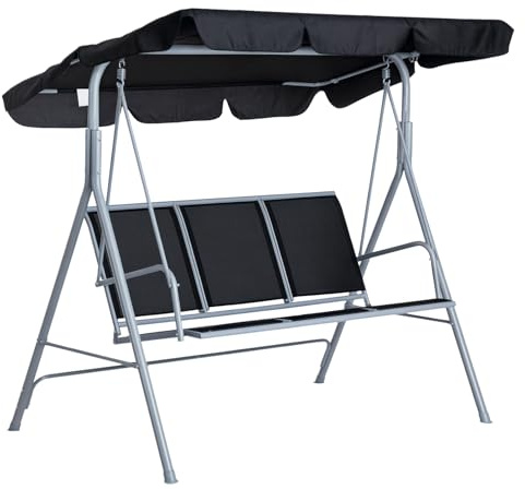 Outsunny Balancín Jardín Exterior Columpio Exterior de 3 Plazas con Toldo Ajustable Respaldo Transpirable y Marco de Metal para Terraza Balcón Carga 240 kg 171x108x150 cm Negro