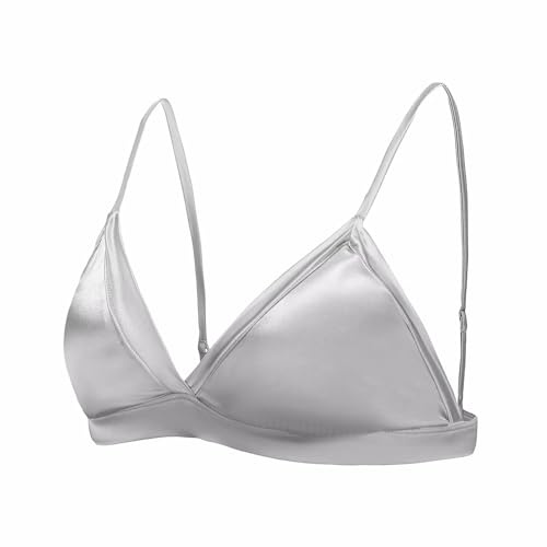 SilRiver Women's Silk Satin Triangle Bralette Soft Cup Wireless Bra with Removable Pad (Silver Grey, Medium)