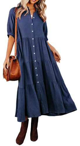 R.Vivimos Vestito Estivo Casual Mezza Manica Bohémien Donna Elegante Chic Abito da Camicia Midi a Pieghe con Scollo a V(M,Blu Navycolor)