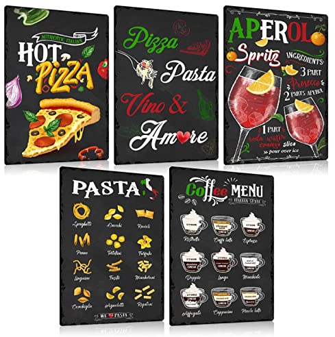 5er Set Blechschilder Retro Italien - Pizza Pasta Coffee - Vintage Italia Thema Essen Getränke Metallschilder - Italy Poster Wanddeko Schild Decoration Geschenke 20x30cm