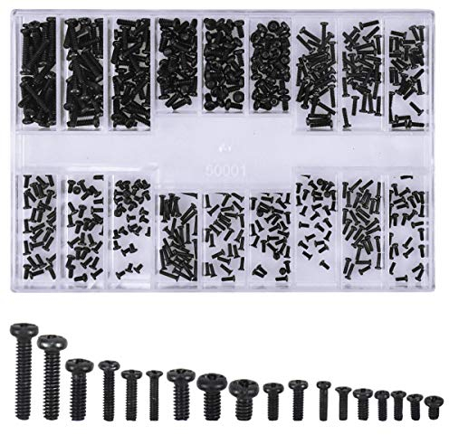 Kit de Réparation de Lunettes Vis Micro, Mini Vis Noire, 500 pièces Assortiment de Visserie pour Montres Ordinateurs, M1.2 M1.4 M2 Minuscule Vis, Tête Ronde, Tête Plate, Tête Fraisée