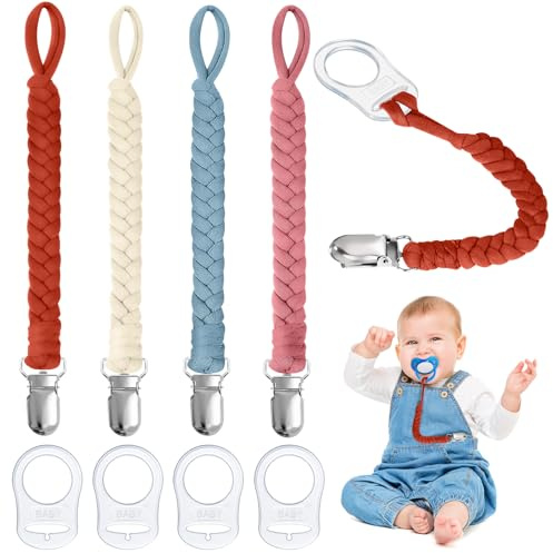 Aolso Cadena Chupete, 8pcs Chupetes de Clip de Algodón con Anill Silicona ChupeteClips Porta Adaptador, Cadena de Chupete