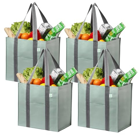 VENO Pack de 4 Bolsa de la Compra Reutilizable con Fondo Duro Reforzado, Correa, Plegable, Se Sostiene Vertical, Bolsa Multiuso Resistente, Bolsa de Utilidad para Todo(Verde Claro, Pack de 4)