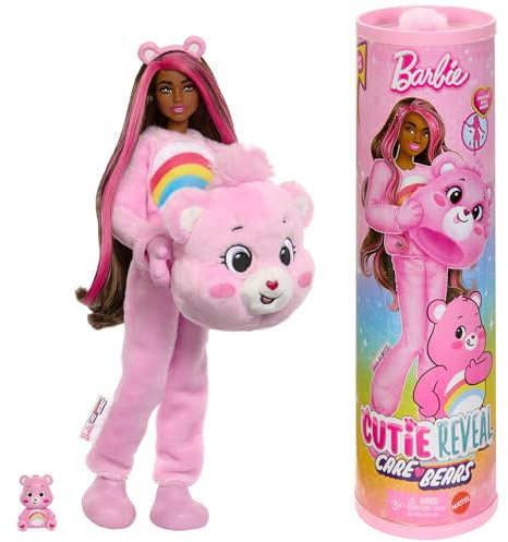 Barbie-Puppe mit Accessoires, Glücksbärchis-Reihe, Modepuppe mit plüschigem Hurrabärchi-Kostüm und 10 Überraschungen, einschließlich Farbwechsel und Mini-Bärchi, JCN95