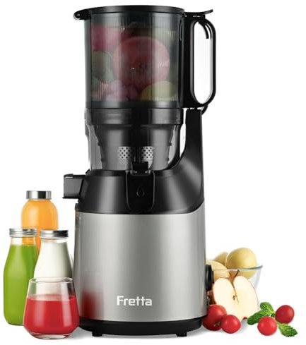Fretta Entsafter Slow Juicer mit 135mm-1.8L XXL Öffnung,Entsafter Gemüse und Obst,250W MAX Mastizier- für Ganze Früchte,Einfache Reinigung BPA-frei | Tritan Material (Grau)