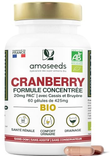 Cranberry BIO | 5% PAC, Extrait Haute Concentration | Confort Urinaire, Reins, Vessie | Formule avec Cassis et Bruyère Bio | 60 gélules | Fabriqué en France | Qualité Supérieure