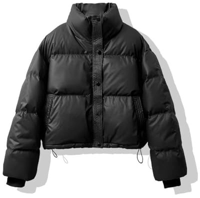 Dam Vinter Quilted Cropped Jackor Långärmad Knapp Faux Läder Puffer Jacka Jackor Varma Ytterkläder Gilet(Black,M)