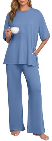 PrinStory Women'S Loungewear Sets Short Sleeve Top Breathable Nightwear Pjs Sets Straight Leg Long Pajama Trousers Pajama Set Summer Loungewear (Gray Blue, L)