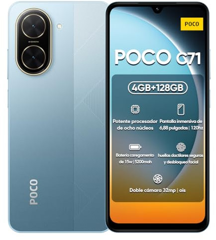 XIAOMI POCO C71 4G Smartphone 4GB+128GB Blue, UNISOC T7250 Octa-Core Processor, Immersive 6.88 120Hz display, Massive 5200mAh battery, Clear 32MP AI dual camera (UK Version + 2 Years Warranty)