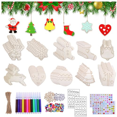 376 Piezas Adornos Navidad Madera, Colgantes de Navidad de Madera para Pintar, Colgantes de Maderas para Navideña, Ornamentos de Natal, Kits Manualidades navideñas para Niños Adornos Navideños DIY