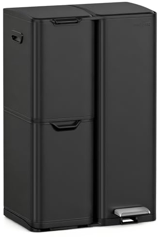 mVm Kitchen Bin,60L Triple Rubbish Bin,3 Compartment Stainless Steel Pedal Bin,Recycling Bin with Soft-Close Lids and Plastic Inner Buckets,Fingerprint Proof,Odour Seal,Large Capacity Trash Can