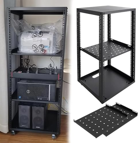 Serverställ med öppen Ram Justerbart Serverställ med Öppen Ram och Hjul, 10 12 15 18 20U Nätverksställ med Hyllor, Utrustningsskåp med Rullställ för IT och AV-utrustning(20U,2 tier)