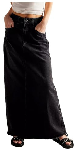 Donna Denim Maxi Gonna Orlo Vita Alta Linea A Gonna Lunga Jeans, Nero , M