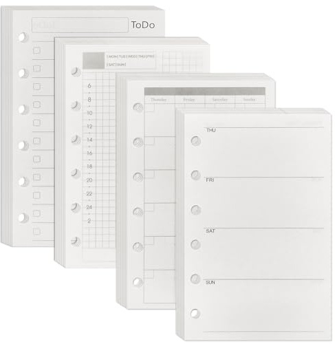 DY.2ten Feuilles de recharge A7 Lot de 4, Plan Journalier Hebdomadaire Mensuel & Liste de tâches Sans Date, Inserts Agenda Perforés 6 Trous, 180 Feuilles/360 Pages 100g/m², Feuilles pour Classeur