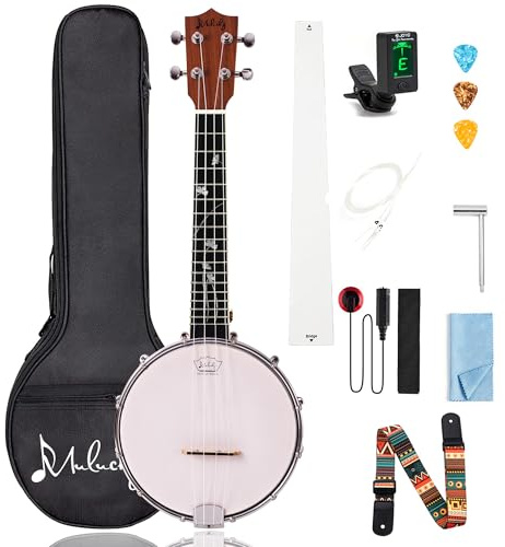 Mulucky 4-String Banjo Ukulele | Banjolele 23 Sapele Wood with Remo Head & Nylon Strings | Dark Brown Travel Kit (Bag, Tuner, Picks) - MBU-806