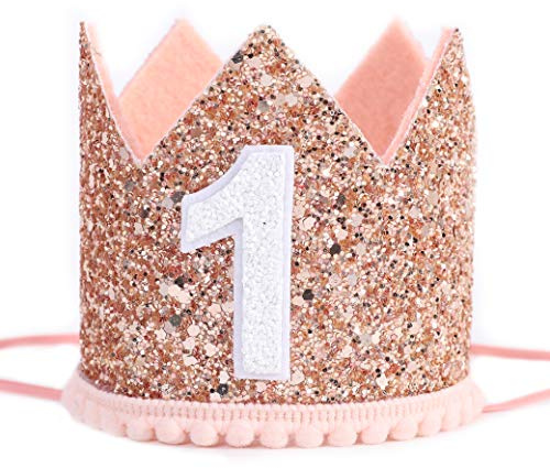 Glitter Birthday Crown - Photo Booth Props, Party Hat for Baby's 1st Birthday (Pink and Gold)