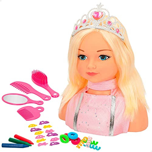 ColorBaby - Busto bambola pettine e trucco, testa parrucchiere ragazza, bambola principessa Maria, bambola per lo styling con accessori per capelli, bambola con corona principessa, +3 anni (43992)