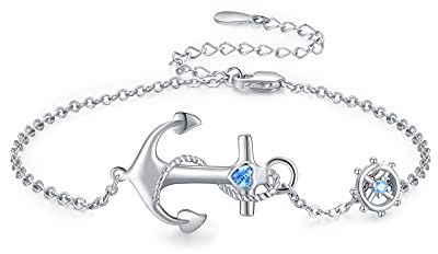 Anchor Bracelets Adjustable for Women, 925 Sterling Silver Heart Charm Bracelet Blue Nautical Sailor Bracelet Friendship Jewelry Confirmation for Mom Women Wife Girlfriend
