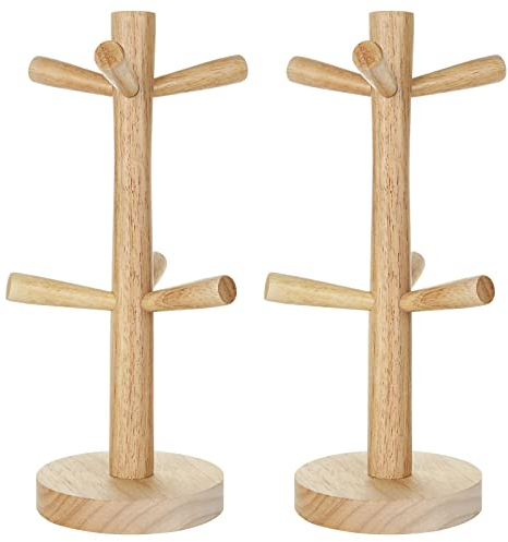 GOYADA 2 Pack Wooden Mug Tree 6 Mugs, Wooden Eco-Friendly Coffee Cup Mug Tree Holder Stand for Coffee Cup Mug Tea Jewelry Earrings Necklace