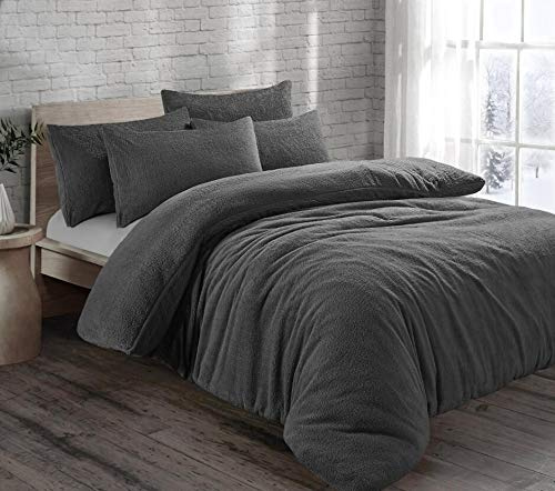 EXQUIZIT HOME® - Juego de funda de edredón de forro polar tipo teddy, ropa de cama súper suave con fundas de almohada, cálido y acogedor edredón de forro polar para invierno (gris carbón, tamaño King