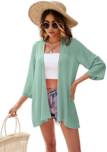 Ietaoo Dam lång kofta blommig kimono cardigan sommar boho 3/4 ärm kofta strand cover up, Grön, XXL