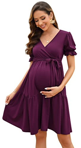 KOJOOIN Abito Premaman da Donna Abito da Allattamento con Scollo A V Elegante Abito Premaman con Maniche A Sbuffo con Volant Fucsia (Manica Corta) M