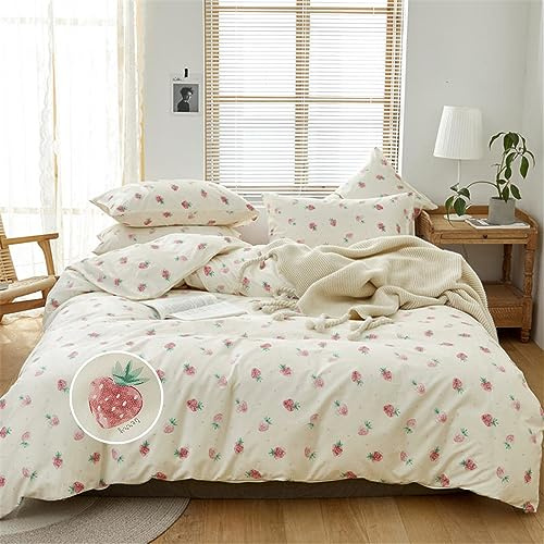 DREAMINGO Set di biancheria da letto in cotone con motivo fragola, per letto king size, stile kawaii, per adolescenti, ragazze, con 2 federe, per camera da letto, colore: bianco crema