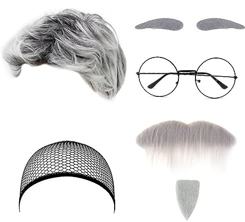 AWAVM Lot de 7 accessoires de costume de vieil homme avec bonnet de perruque, barbe, sourcils, lunettes, grand-père pour Halloween, fête, spectacle, festival, cosplay