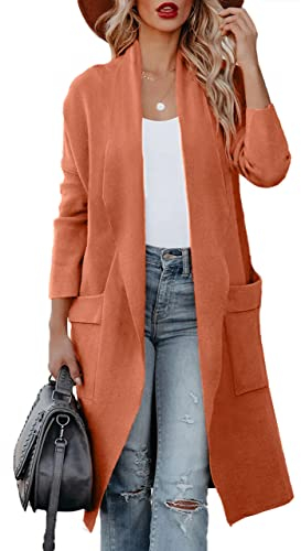 Maavoki Strickjacke Damen Lang Offene Front Herbst Cardigan mit Tasche Casual Einfarbig Warm Strickmantel, Orange, L