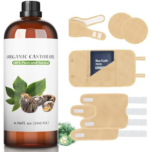 Taoscare Castor Oil Pack Wrap with Castor Oil Cold Pressed 6.8oz, Gifts for Women, 8 Pack Reusable Organic Cotton Castrol Oil Compressors for Body Liver Detox Constipation Inflammation