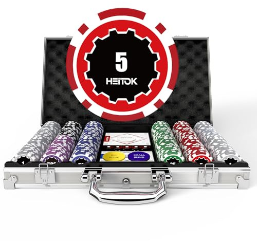 HEITOK Mallette de Poker Professionnelle 300 Jetons Numérotés 11,5g avec Insert Métal – Set Complet Texas Hold'em, 2 Jeux de Cartes, Dés, Boutons Dealer – Valise Aluminium pour Soirées Casino Adultes