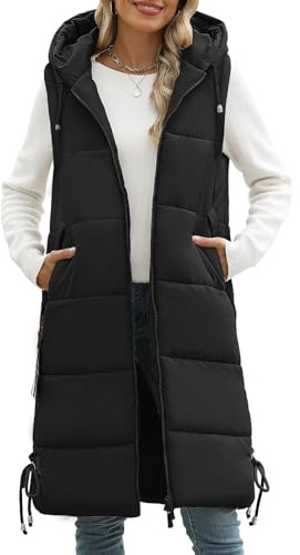 Vancavoo Women Quilted Gilets Black Body Warmer Ladies Longline Vest Jackets Hooded Waistcoat Lightweight Padded Sleeveless Puffer Down Coat Long Gilet Winter Outerwear With Pockets(Black,XXL)
