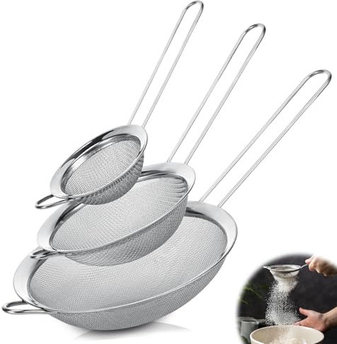 Set di 3 Colini da Cucina，Diametro 7/12/18 cm，Acciaio Inox 304 Colino Cucina，Scolapasta Con Manico，Colino Cucina，per Pasta, Riso, Verdura, Albume, Scolare Tagliatelle, Setacciare Farina (Argento)