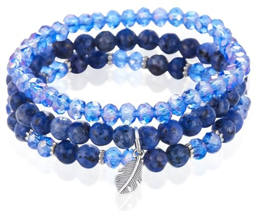 Crystal Bracelet Set, 3 Stackable Boho Beaded Bracelets for Women, Trendy Costume Jewelry Gifts for Women & Christmas (Blue)