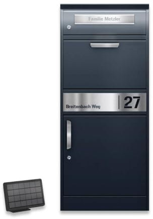 Metzler Briefkasten mit Paketfach mit solarbetriebener LED-Beleuchtung und Gravur anthrazit RAL 7016 für kontaktlose Zustellung und sichere Aufbewahrung, wetterfest, freistehend, rostfrei