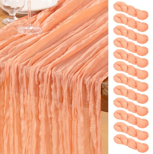 DeZerlor Lot de 12 chemins de table en mousseline pêche pour printemps et Pâques - Chemins de table en gaze pour décoration de table de mariage, fête prénuptiale et fête de bébé - 305 cm de long