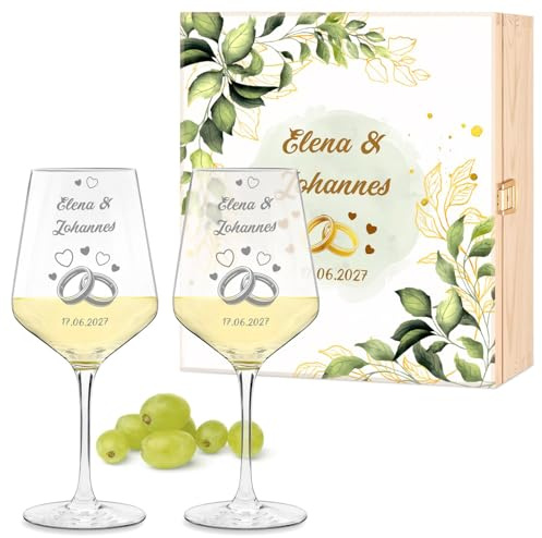 Maverton Calici Vino x2 Personalizzati - Bicchieri Vino Rosso o Vino Bianco 490 ml - Incisi per Lei e Lui - Scatola Legno Personalizzata - Regalo per Sposi e Coppia - Regali Personalizzati