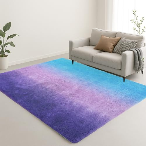 GIBZ Tappeto in Peluche Colorato Sfumato, Morbido e Caldi Antiscivolo, Tappetino a Pelo Alto per Camera da Letto Soggiorno, Viola, 180x260cm