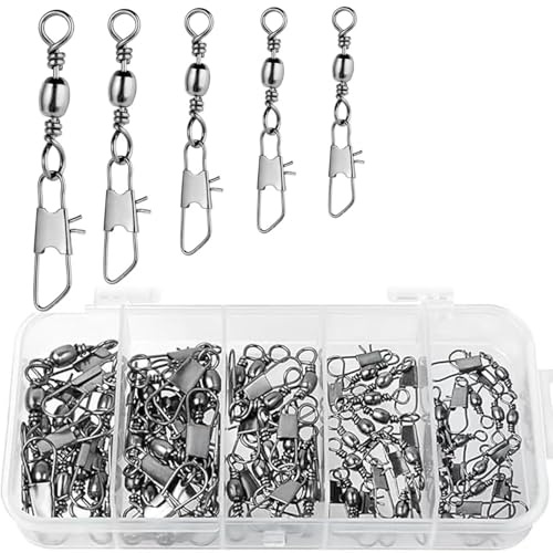 ROHMERIQUE 50 Pcs Fishing Swivels with Safety Snap – Rolling Swivels, Quick Change Connectors for Hooks & Line (2# 4# 6# 8# 10#) for Sea & Freshwater Fishing