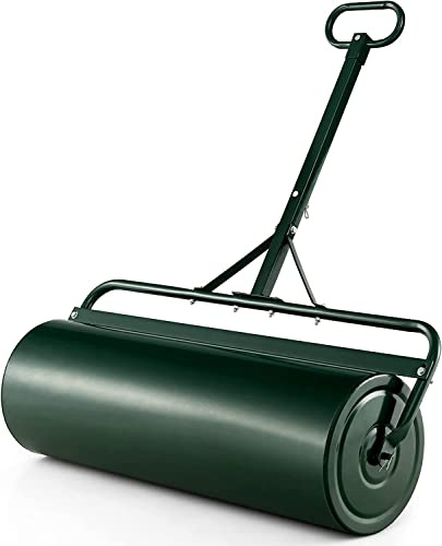 Rodillo de césped resistente, rodillo de césped de metal con tapón de drenaje extraíble y barra rascadora, herramienta de rodillo de empuje para exteriores relleno de agua y arena de 113 L