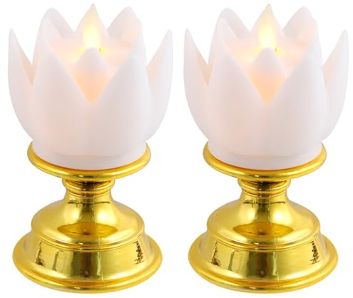 COLLBATH Lot de 2 Lampes Lotus LED Imitation Bougie Blanche, Décoration en Résine, Lumière Bouddhiste sans Fumée, pour Autel et Ambiance Intérieure Zen, Bases Assorties