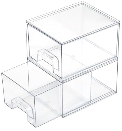 POUMUE 2 Cajones Almacenaje Plastico,Cajones de Almacenamiento Apilables Transparentes,Organizador Maquillaje Cajones con 10 Almohadillas Antideslizantes,Cajonera de Plastico para Tocador Baño Armario