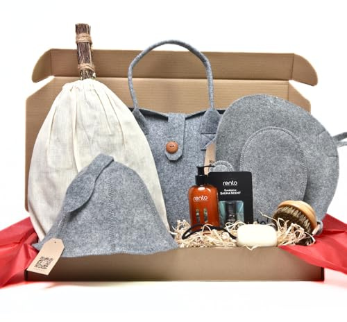 SAUNA GURU Deluxe Sauna Gift Set - Sauna Bag, Birch Sauna Brush, Sauna Hat, Sauna Infusion, Felt Glove, Seat Cushion, Shower Gel with Pine Fragrance, Sauna Soap & Body Brush - Premium Sauna